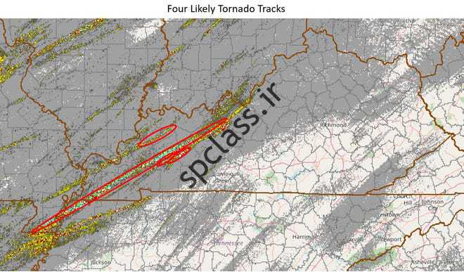 احتمالاً چهار طوفان (هر کدام قرمز) در غرب کنتاکی منفجر می شود و حدود 70 تا 100 نفر را می کشد.